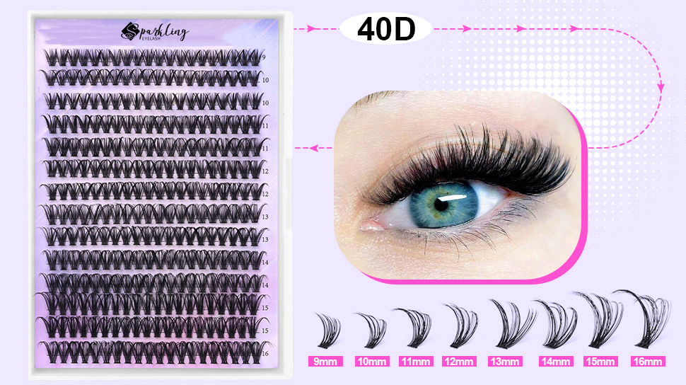 Krijg glamoureuze wimpers met doe-het-zelf wimperextensies met behulp van pluizige 40D wimperclusters